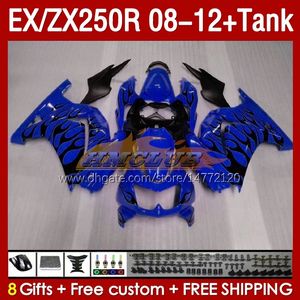 Verkleidungen Tank OEM für KAWASAKI NINJA ZX250R EX250R 08 09 10 11 12 ZX250 EX250 R 163Nr.63 ZX-250R 2008 2009 2010 2011 2012 EX ZX 250R 08-12 Einspritzverkleidung blaue Flammen