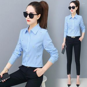 Kvinnors blusar koreanska stilfull rand full ￤rmar LAPEL Formella kvinnors arbetsskjortor Lossa singelbr￶stkardigan bl￥ blommig skjorta 5xl