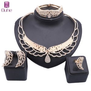 Women Rhinestone Bridesmaid Angel Gold Color Necklace Earring Bangle Ring Set For Wedding Party Jewelry Set