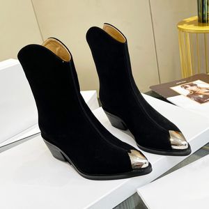 짧은 부츠 100% 소 가죽 금속 여성 신발 클래식 두꺼운 발 뒤꿈치 가죽 디자이너 패션 신발 대형 35-41 US4-US10