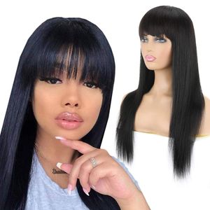 Short Bob Wigs With fringe Bangs 10inch Brazilian Straight Remy Human Hair None Lace Front 150 Density Glueless Machine Made Wig for Black Women Natural Color