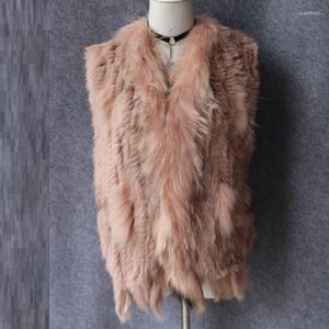 Winterjassen voor damesvesten voor vrouwen oranje mouwloos vest lady Vest vrouwelijk gebreide natuurlijke bont wasbeer hondenkraag trimjas