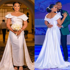 Simple Pearls Mermaid Wedding Dresses Lace Beads Short Sleeve Bridal Gown Plus Size Marriage Detachable Train Arabic Aso Ebi