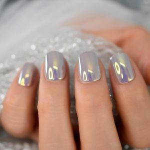 False Nails Metallic Press On Short Round Fancy Unique Gorgeous Art Cute Life Wedding Date Faux Ongles 24pcs