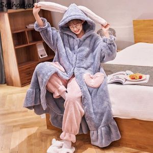 Women's Sleep Lounge Patchwork Women Pyjama Ställer in söta koreanska unga stil bucklor Löst huva Pocket Kawaii panelerade hemkläder mysiga flanell chic ny T221017