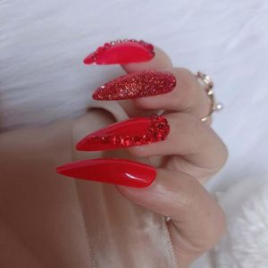 Künstliche Nägel, extra lang, spitz, oval, Fake Slim Art Salon Nail Crystal Diamond Red