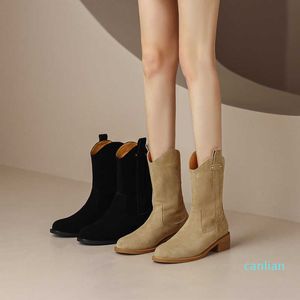 Frosted Western Denim Boots Women's Autumn and Winter Short Boots British Style V-Mouth Mid Tube Martin Boots