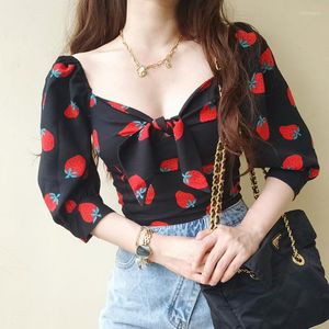 Women's Blouses Women Sweetheart Neck Puff Sleeve Bow Tie Front Crop Top In Strawberry Print A799