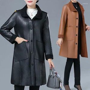 Kvinnors l￤derjackor kvinnor 2022 Autumn Winter Style Pu Coat Mid-l￤ngd Outcoat Single-Breasted Overwear Female