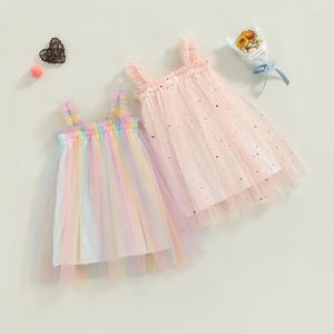 Abiti da ragazza Vestito adorabile estivo da bambina 0-4 anni Cinturino senza maniche con paillettes stampate con imbracatura in rete colorata