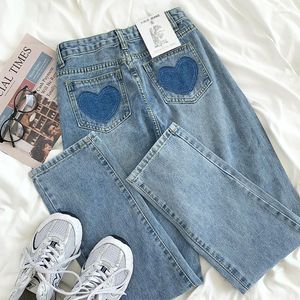 Jeans feminino Mooirue Kawaii Winter Women Wide perna Love Sic Pocet Cantura alta solta lavagem de primavera azul reta