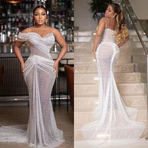Sexy Low-Cut Mermaid Wedding Dresses 2022 New Illusion Bodice Spaghetti One-Shoulder Beads Bridal Gown Brush Train Lace Up Robe De Vestido