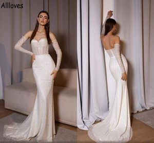 Lantejoulas deslumbrantes vestidos de noiva de sereia com mangas compridas remov￭veis, vestidos de noiva sem costas dubai vestes de moda ￡rabe de mariee cl1286