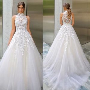 Boho High Neck Tulle Wedding Dress Elegant Lace Appliques A Line Illusion Back Beach Bride Gown