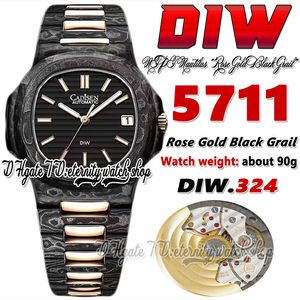 DIWF DIW5711 Rose Gold Black Grail Mens Watch A324 Automatisk NTPT Hantverk Kolfiber Black Stick Dial Ultra Thin Steel Links Armband Super Edition Eternity Watches