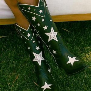 Boots Frauen Western bestickte Mode Chunky Heel Schuhe Frau Star Design Slip auf Cowboy Cowgirl Black Marke 221018