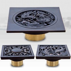 Toilet Supplies Drain 10cm Square Black Brass Shower Strainer Floor Cover Art Carved Balcony Bathroom Bath Accessories Grate Waste SY-073R