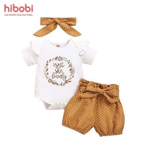 hibobi 3 Pezzi Body con Motivo a Lettere Pantaloncini a Pois Copricapo per Neonate 220509