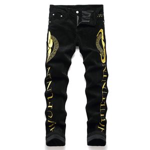 Corduroy list haftowe dżinsy dla mężczyzn jesienne zima szczupłe żółte spodnie daSual Pants Jean homme pantalones hombre dżinsowe spodnie