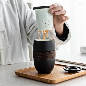 Xícaras pires de chá japonês xícaras de cerâmica criativa separação de chá retrô caneca em casa viagens de água portátil xícara de água com filtro e tampa