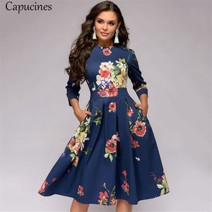 Capucines Women's Elegent Pleated Floral Printing A-Line Dress Autumn Vintage 3/4 Sleeve Pockets Casual Blue Party Dress J190619
