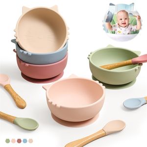 Cups Dishes Utensils Lets make 1 Set Baby Silicone Feeding Bowl Spoon Cartoon Cat Shape Waterproof Suction Bowl With Spoon Baby Tableware BPA Free 221018