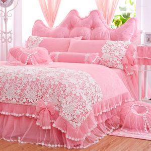 Sängkläder sätter rosa bomullssatin lyxkoreansk prinsessa spetsar set king queen size jacquard täcke täcken säng kjol säng bättre kuddar