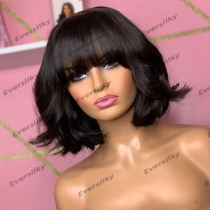 Thick Bangs 200Density Glueless Human Hair Machine Made Wigs for Blacks Women Natural Black Color Silk Top Full Density Wavy Wigs