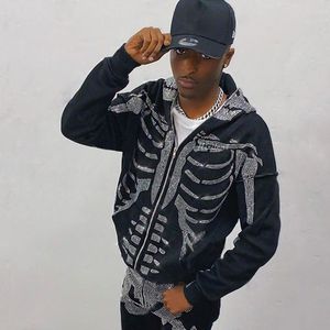 Men's Hoodies Men Vintage Goth Long Sleeve Sweatshirt Graphics Y2k Jacket Full Zip Up Hoodie Rhinestone Skeleton Sport Couple Outfit Hip Hop