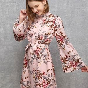 Teen Girls Ruched Floral Print Flounce Sleeve Belted Dress SHE