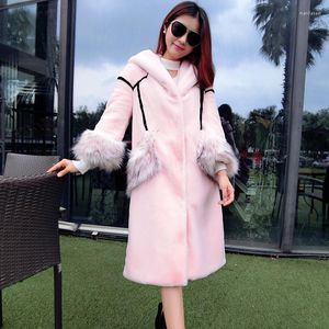 Cappotto lungo con cappuccio in pelliccia stile coreano da donna Moda carino cuciture rosa colore finto e capispalla Rex XHSD-149