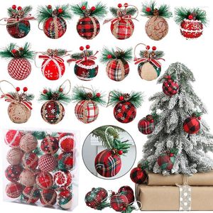 Party Decoration 8/16Pcs Plush Grid Pattern Christmas Ball Ornaments With Natural Pine Cones Leaves Tree Pendant Boxed Balls