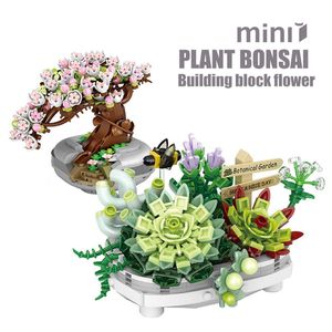 Mini buket yapı taşları çiçekler etli kiraz çiçeği bonsai 3d model ev dekorasyon çocuk montaj oyuncak kız hediye