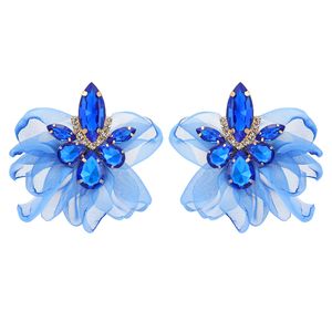 S03262 Chiffon Flower Handmade Stud Earrings For Women Colorful Rhinestone Earrings