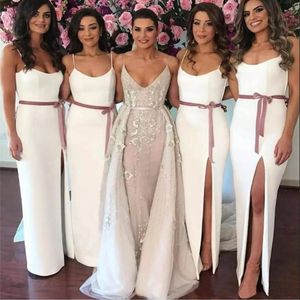 2023 White Bridesmaid Dresses With Dusty Rose Ribbon Floor Length Side Slit Spaghetti Straps Custom Made Mermaid Maid Of Honor Gown Country Wedding Wear 401 401