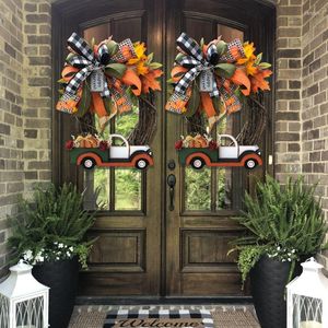 Dekoracyjne kwiaty Kreatywne Halloween Dyniowe wieniec jesienne zbiory w kratę Bowknot Garland Farmhouse