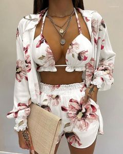 Kvinnors sp￥rningsdr￤kter 2022 Sommarkvinnor Tre-styckd kostym Set Fashion Casual Loose Floral Print Crop Top Blus Shorts Female Beach