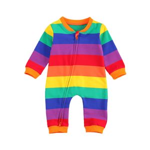 Rompers Citgeett Autumn 0-24m spädbarn baby flickor pojkar regnbåge färg randig långärmad blixtlåsare romper outfit vårkläder 221018