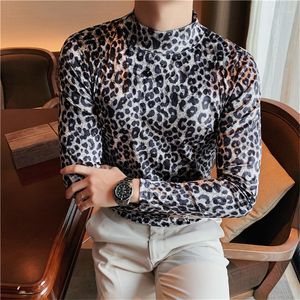 Herren T-Shirts Flanell T-Shirt Winter M￤nner Hochkragen Pullover Mode Leopard Slim Fit lang￤rmelig Samt Osade Bottoming Shirt