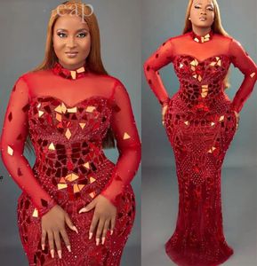 2022 Арабский азо -эби эби красный русалка выпускной платья с бисером кристаллы