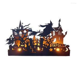Portacandele Ornamenti personalizzati per scatole di Halloween Sagoma di strega volante Porta metallo Decorazione spaventosa horror