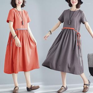 Lässige Kleider #0230 China Style Kleid Frauen Kurzarm O-Neck Lady Taille Pee-up Falten A-Line Ladies Baumwollwäsche Vestidos