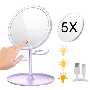 Lights Makeup Mirror LED Light Smart x förstoringsresor Portable Table Round Vanity Mirrors with Stand Cosmetics Rangement Tools
