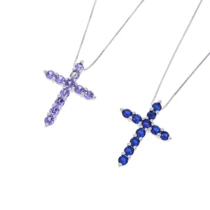 100% szterling Sier Cross Naszyjnik na zewnątrz bling cz fioletowo -niebieski sześcien cyrkonia x kształt wisiorka