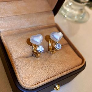 Hoop Earrings Trendy 14K Real Gold Plated Peach Heart Pearl For Women Girl Korean Fashion Jewelry Buckle Type Zirconia Gift