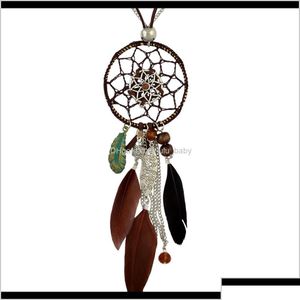 Collane con ciondolo Idealway 4 colori Moda bohémien Pelle placcata argento Doppia catena Resina Piuma Nappa Collana Dreamcatcher Y0R Dhm9V