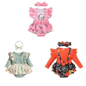 Rompers Infant Girl 2pcs strój plisowane rękawy muchowe kreskówkowe drukowane patchwork Romper Bow Bow Pałąk dziecięcy odzież 221018