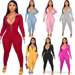 2022 Höstvinterkvinnor Jumpsuits Rompers långärmad V-ringad dragkedja Fashion Skinny Bodysuit Plaid Stitching Capris Pants