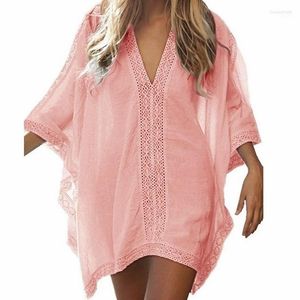 Momento de banho feminina de roupas de banho feminina encobrimento 2022 Summer Solid V Batwing Sleeve Lace Bohemian Pareo sexy See