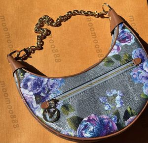 10a L Bag Top Tier Half Moon Loop Bag 23cm Kvinnor Real Canvas Handväska Lyxdesigners Blomma Art Mönster Purse Crossbody Shoulder Strap Chain Bag